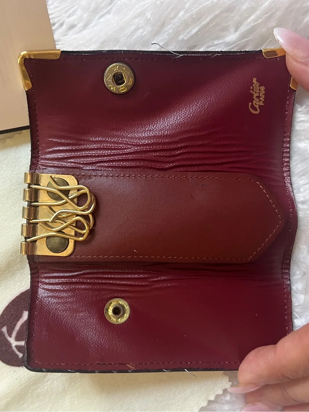 Cartier Burgundy and Gold Leather Key Case, wallet & perfum sample bundle